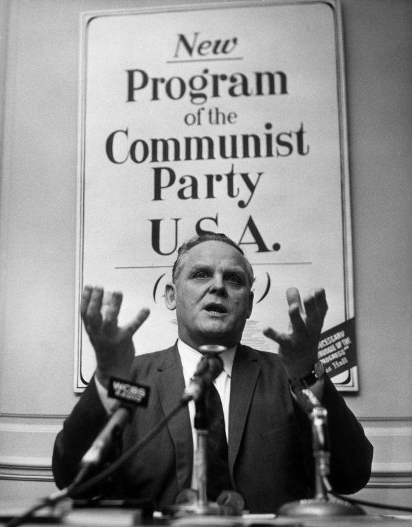 American Communist Party leader Gus Hall speaks at a press conference announcing the party's platform to be ratified at their New York City convention in February 1966. (Agence France Presse/Getty Images)
