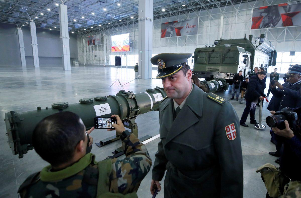 Journalists and military attachés attend a news briefing, organized by Russian defense and foreign ministries and dedicated to cruise missile systems including SSC-8/9M729 model, at Patriot Expocentre near Moscow, Russia, on  Jan. 23, 2019. (Maxim Shemetov/Reuters)