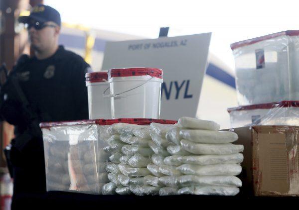 A display of fentanyl and meth seized by U.S. Customs and Border Protection officers at the Nogales Port of Entry at a press conference on Jan. 31, 2019. (Mamta Popat/Arizona Daily Star via AP)