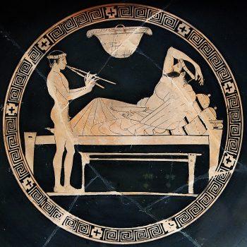 A man listens to a youth playing the aulos. Attic red-figure on a cup, circa 460 B.C.–450 B.C. Louvre. (Public Domain)
