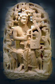 Late Roman statuette of Orpheus, the legendary Greek musician, with the lyre, surrounded by beasts (fourth century), from Aegina. He is surrounded by beasts, charmed by his music. Byzantine and Christian Museum in Athens. (CC BY-SA 3.0)