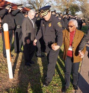 Officer Elston Howard’s mother is escorted by Police Chief Art Acevedo outside the prison during the execution of Robert Jennings on Jan. 30, 2019. (Houston Police Department)