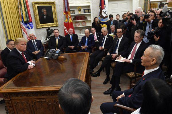 President Donald Trump (left) meets with Chinese Vice Premier Liu He (front right) at the White House in Washington, Jan. 31, 2019. (AP Photo/Susan Walsh)