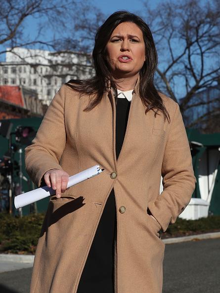 White House Press Secretary Sarah Huckabee Sanders speaks to the media in the White House driveway in Washington. (Mark Wilson/Getty Images)