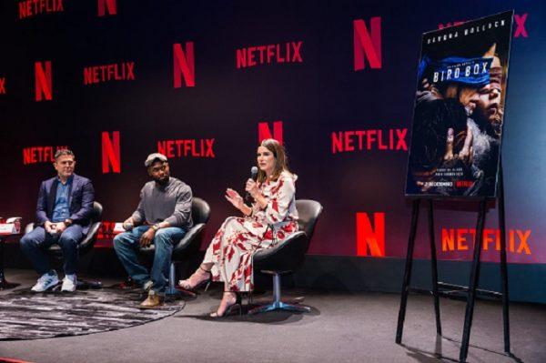 Dylan Clark, Trevante Rhodes and Sandra Bullock attend the Netflix "Bird Box" Press Conference, in Sao Paulo, Brazil, on Dec. 10, 2018. (Alexandre Schneider/Getty Images for Netflix )
