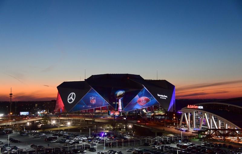 A general view of Super Bowl LIII signage at Mercedes-Benz Stadium and State Farm Arena exterior in Atlanta, Ga., on Jan 30, 2019. (Kirby Lee-USA TODAY Sports/Reuters)