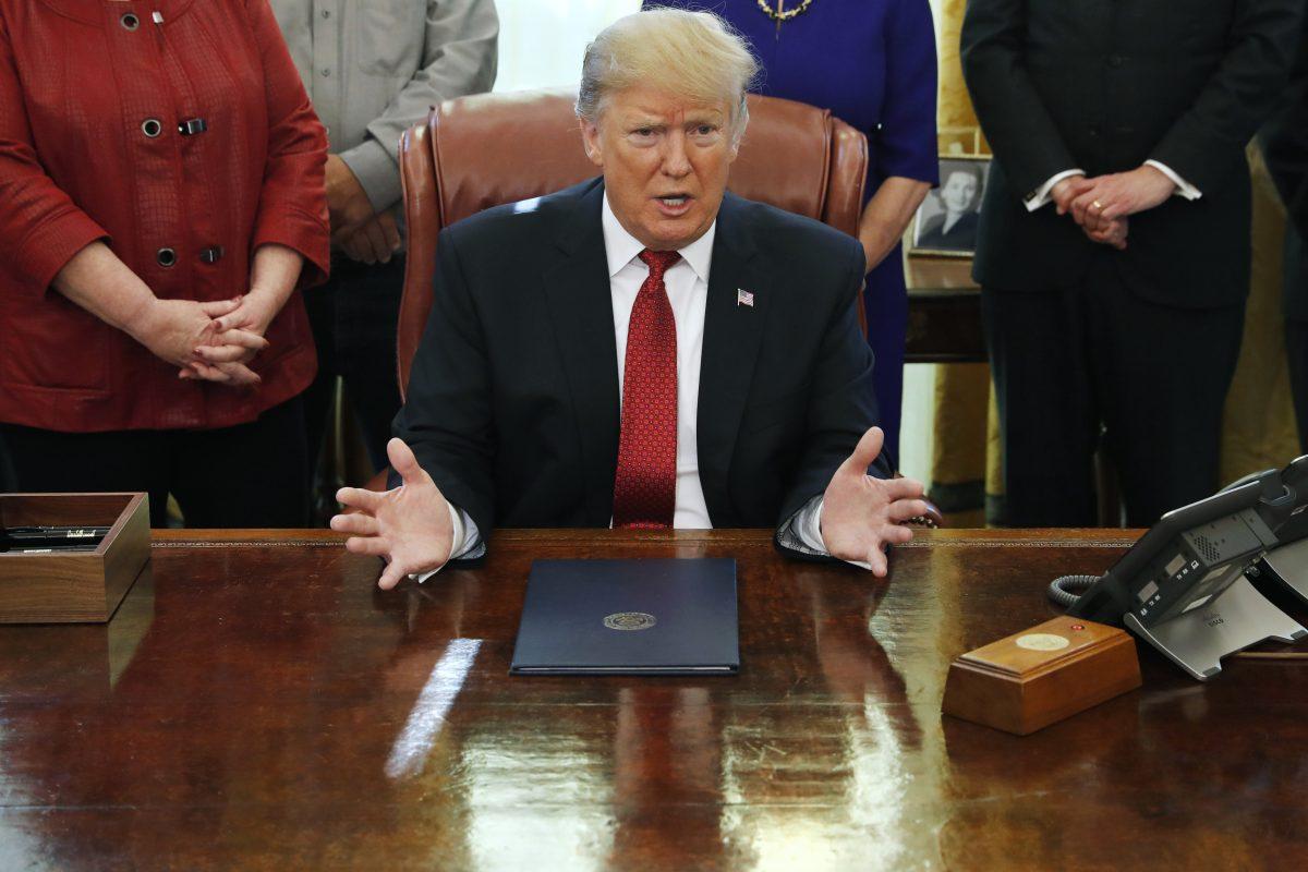 President Donald Trump speaks during a meeting with American manufacturers in the Oval Office of the White House, on Jan. 31, 2019. (AP Photo/Jacquelyn Martin)