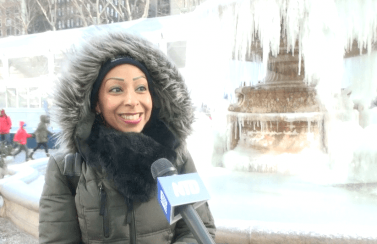 Irma Labiosa, 32 from Brooklyn visited the frozen fountain at the Bryant Park for the first time on Jan. 31, 2019. (Shelbi Malonson/The Epoch Times)