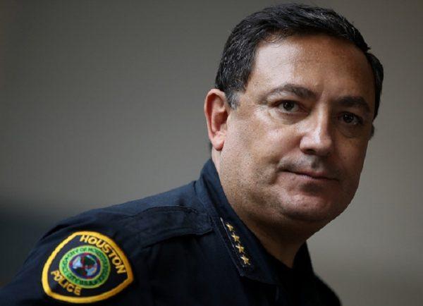 Houston police chief Art Acevedo looks on during a press conference following a tour of the NRG Center evacuation center,in Houston, Texas, on September 4, 2017. (Photo by Justin Sullivan/Getty Images)