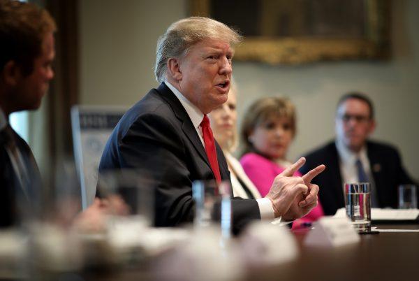 President Donald Trump speaks during a meeting in the Cabinet Room of the White House in Washington, on Feb. 1, 2019. Trump spoke during an event discussing the fight against human trafficking on the southern border of the United States and renewed his call for funding for the construction of a wall. (Win McNamee/Getty Images)