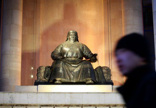 The statue of Kublai Khan in front of the Parliament House on Skhbaatar Square in Ulan Bator, Mongolia. Photo taken on Jan. 28, 2015. (Byambasuren Byamba-Ochir/AFP/Getty Images)