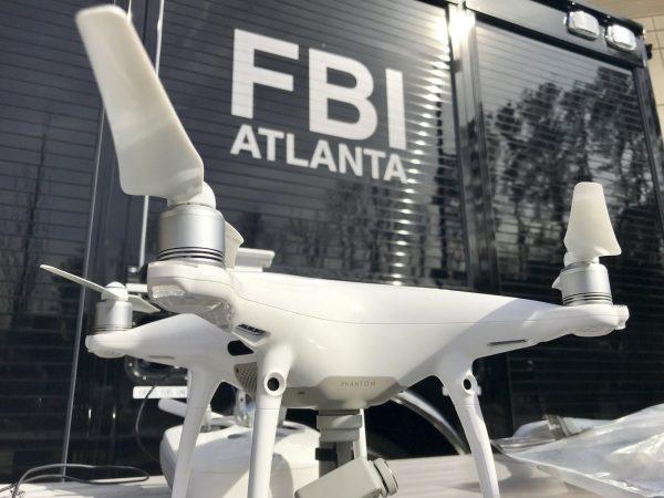 One of a half-dozen drones which have been confiscated for being flown in the no-fly zone over Mercedes-Benz Stadium is displayed , in Atlanta, just days before Super Bowl 53,on Feb. 1, 2019.(AP Photo/Jeff Martin)