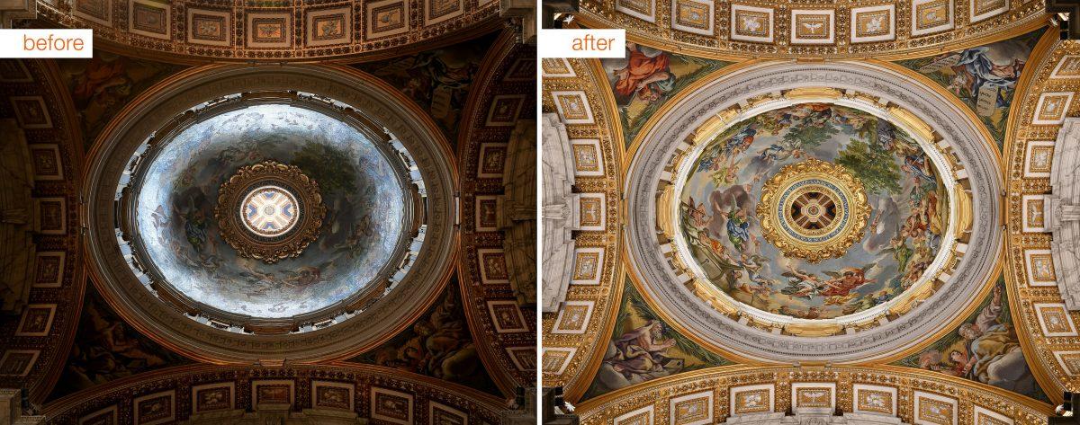 A dome in St. Peter's basilica shows the difference between the old and new illumination. (OSRAM Licht AG)