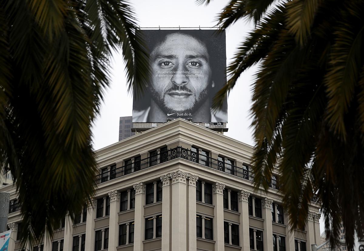 A billboard featuring former San Francisco 49ers quaterback Colin Kaepernick is displayed on the roof of the Nike Store on September 5, 2018 in San Francisco, California. (Justin Sullivan/Getty Images)