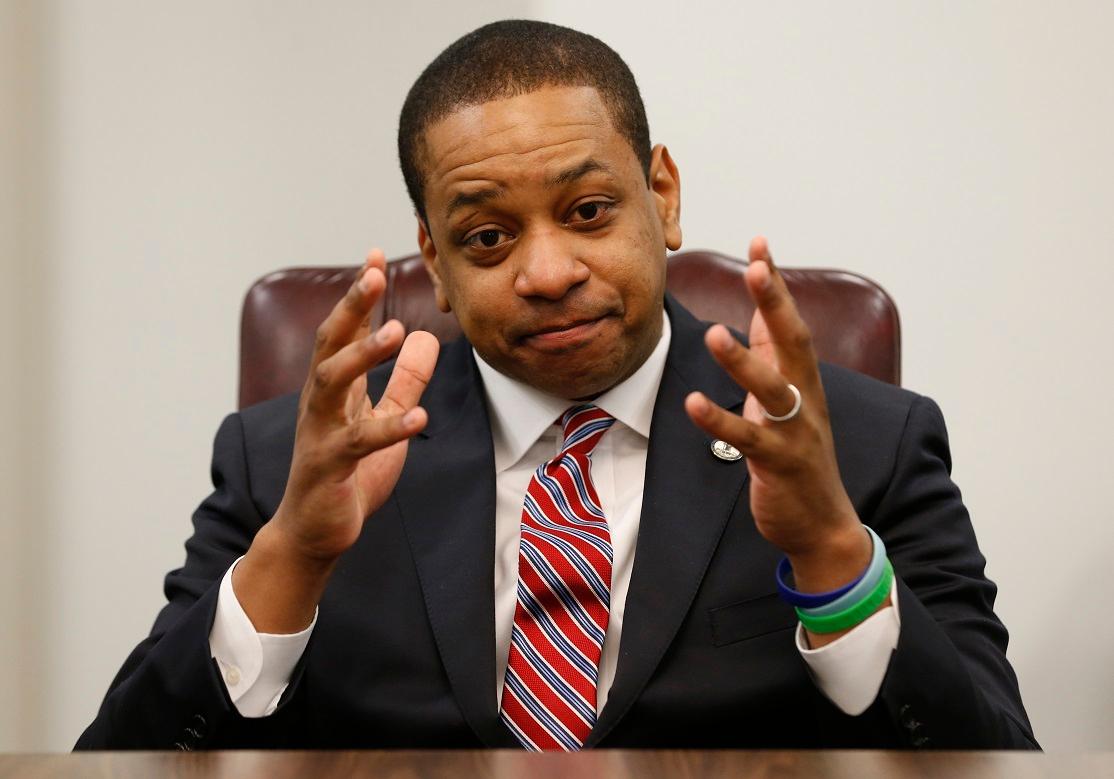 Virginia Lt. Gov. Justin Fairfax speaks during an interview in his office at the Capitol in Richmond, Va., on Feb. 2, 2019. (AP Photo/Steve Helber)