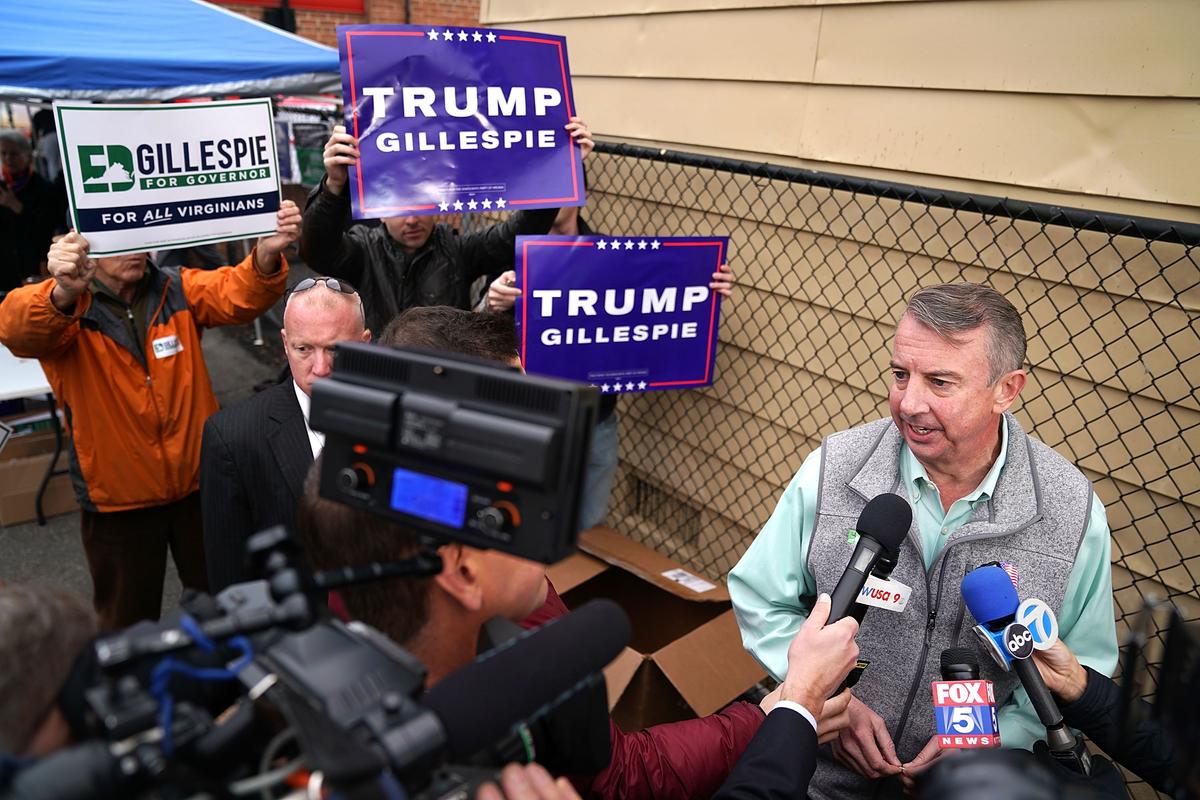 Republican candidate for Virginia governor Ed Gillespie talks to journalists after casting his vote at the polling place at Washington Mill Elementary School Nov. 7, 2017 in Alexandria, Va. (Chip Somodevilla/Getty Images)