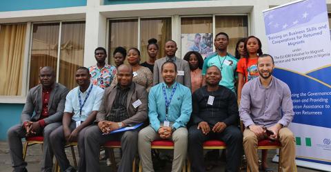 IOM Nigeria reintegration team with some of the returnees from Libya during a business management skills training facilitated by IOM under the EUTF-IOM. (IOM)