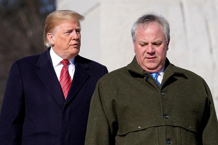 President Donald Trump and acting U.S. Secretary of Interior David Bernhardt arrive to place a wreath at the Martin Luther King Memorial in Washington, on Jan. 21, 2019. (Joshua Roberts/Reuters)