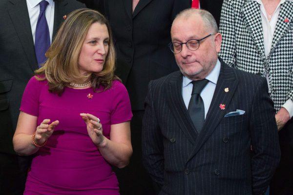 Canadian Minister of Foreign Affairs Chrystia Freeland speaks with Argentina's Minister of Foreign Affairs Jorge Marcelo Faurie during the family photo of a meeting of Lima Group in Ottawa on Feb. 4, 2019. (Lars Hagberg/AFP/Getty Images)