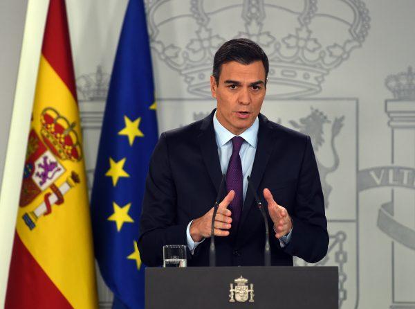 Spanish Prime Minister Pedro Sánchez makes an official statement on Venezuela, at La Moncloa Palace in Madrid on Feb. 4, 2019. (Pierre-Philippe Marcou/AFP/Getty Images)