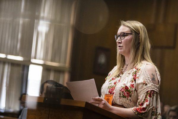 Emily Lemmer, whose father Rich Smith and brother Tyler, 17, were killed, addresses Jason Dalton before he was sentenced to life in prison without possibility of parole on six counts of murder and several other charges at the Kalamazoo County Courthouse in Kalamazoo, Mich., on Feb. 5, 2019. (Joel Bissell/Kalamazoo Gazette via AP)