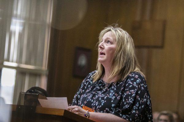 Laurie Smith, whose husband Rich and son Tyler, 17, were killed, addresses Jason Dalton before he was sentenced to life in prison without possibility of parole on six counts of murder and several other charges at the Kalamazoo County Courthouse in Kalamazoo, Mich., on Feb. 5, 2019. (Joel Bissell/MLive.com)