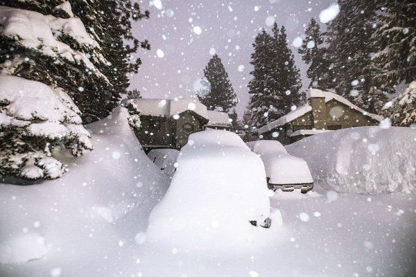 This photo provided by the Mammoth Mountain ski area shows a winter storm in Mammoth Mountain, Calif., on Feb. 4, 2019. (Peter Morning/Mammoth Mountain ski area via AP)