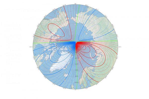 This map shows the location of the north magnetic pole (white star) and the magnetic declination (contour interval 2 degrees) at the beginning of 2019.<br/>(NOAA NCEI/CIRES)