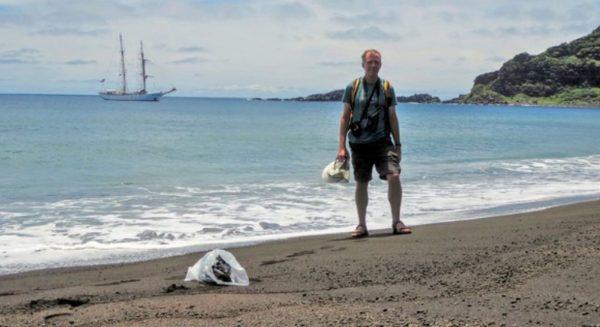 NASA researcher Dan Slayback standing on the beach of Hunga Tonga-Hunga Ha’apai. (NASA)