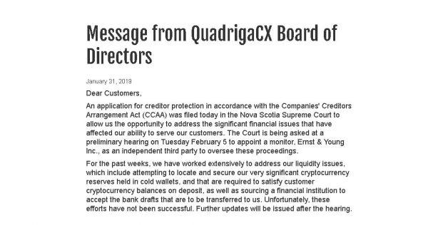 This statement is the only thing on QuadrigaCX's website (QuadrigaCX.com)