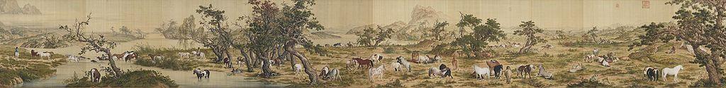 "One Hundred Horses," 1728, by Giuseppe Castiglione. Handscroll with ink and color on silk, 37.2 inches by 305.6 inches. National Palace Museum, Taipei. (Public Domain)