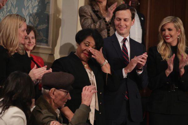 Alice Johnson (C), special guest of President Trump, with Jared Kushner and Ivanka Trump attend the State of the Union address in the chamber of the U.S. House of Representatives in Washington, on Feb. 5, 2019. (Alex Wong/Getty Images)