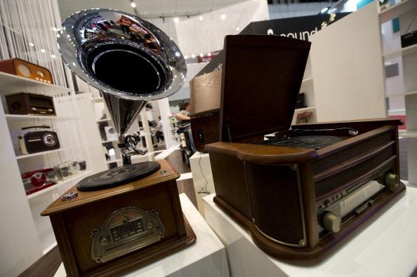 A stereo including a turn-table, a tuner and a cd player made to look like an antique gramophone (L) is on display at the Soundmaster stand during the 53rd IFA (Internationale Funkausstellung) electronics trade fair in Berlin on Sept. 10, 2013. (John Macdougall/AFP/Getty Images)