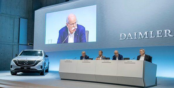 The CEO of German auto giant Daimler AG Dieter Zetsche (2nd R) sits next to member of the board for trucks and buses Martin Baum (L), CFO Bodo Uebber (2nd L) and spokesman Joerg Howe (R) as he speaks during the company's annual press conference in Stuttgart, southwestern Germany, on Feb. 6, 2019. (Thomas Kienzle/AFP/Getty Images)