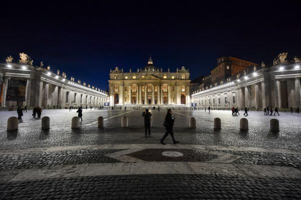 The new illumination with led lights of St. Peter's basilica and St. Peter's square are pictured on Jan. 25, 2019, in the Vatican. (Andreas Solaro/AFP/Getty Images)
