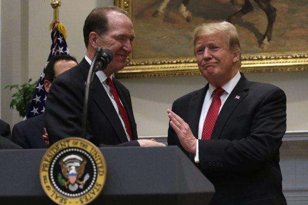 President Donald Trump with Undersecretary of the Treasury for International Affairs David Malpass during a Roosevelt Room event at the White House on Feb. 6, 2019. (Alex Wong/Getty Images)