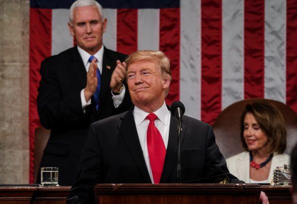 President Donald Trump delivers the State of the Union address, with Vice President Mike Pence and Speaker of the House Nancy Pelosi, at the Capitol in Washington on Feb. 5, 2019. (Doug Mills/The New York Times/Pool)