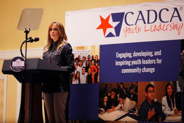 First lady Melania Trump speaks at the Community Anti-Drug Coalitions of America (CADCA) National Leadership Forum, in National Harbor,Maryland. Feb. 7, 2019. (AP Photo/Jacquelyn Martin)