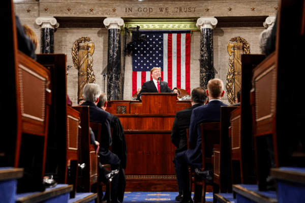 President Donald Trump delivers the State of the Union address, with Vice President Mike Pence and Speaker of the House Nancy Pelosi, at the Capitol in Washington on Feb. 5, 2019. (Doug Mills/The New York Times POOL PHOTO)