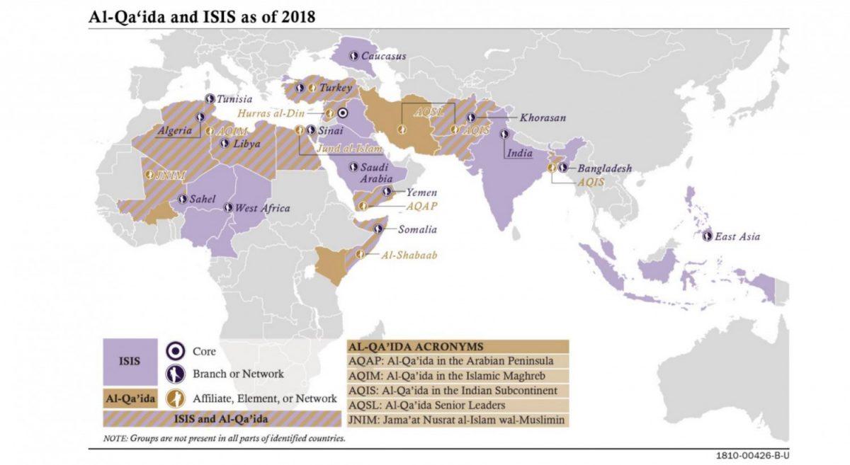 Global distribution of ISIS and al-Qaeda in 2018. (Worldwide Threat Assessment 2019/Senate Select Committee on Intelligence)