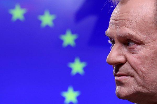 Then-EU Council President Donald Tusk gives a statement after a meeting at the European Council headquarters in Brussels on Feb. 6, 2019. (Reuters/Yves Herman)