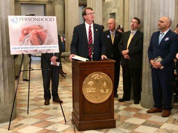 South Carolina Republican Sen. Richard Cash reintroduces personhood legislation at a pro-life event inside the lobby of the Statehouse on Feb. 6, 2019. (Christina Myers/AP Photo)