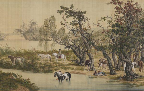 A detail from "One Hundred Horses," 1728, by Giuseppe Castiglione. Handscroll with ink and color on silk, 37.2 inches by 305.6 inches. National Palace Museum, Taipei. (Public Domain)