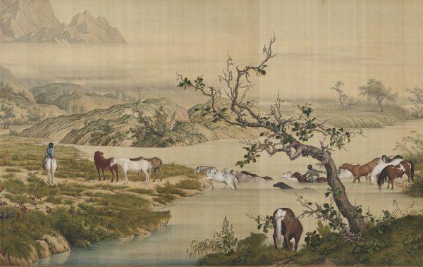 A detail from "One Hundred Horses," 1728, by Giuseppe Castiglione. Handscroll with ink and color on silk, 37.2 inches by 305.6 inches. National Palace Museum, Taipei. (Public Domain)