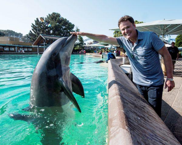 In this handout photo provided by SeaWorld San Diego, singer and actor Donny Osmond meets Crunch, a male bottlenose dolphin, while visiting the Dolphin Point attraction at SeaWorld San Diego in San Diego on July 20, 2017. (Mike Aguilera/SeaWorld San Diego via Getty Images)