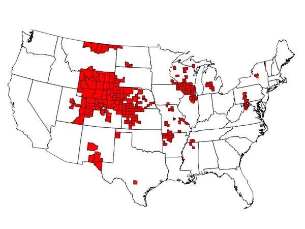 A map shows the occurrence of CWD in the United States. (CDC)