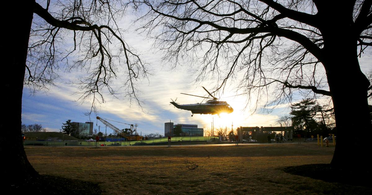 Marine One departs from Walter Reed National Military Medical Center after U.S. President Donald Trump received his annual physical on February 8, 2019 in Bethesda, Maryland. (Oliver Contreras-Pool/Getty Images)