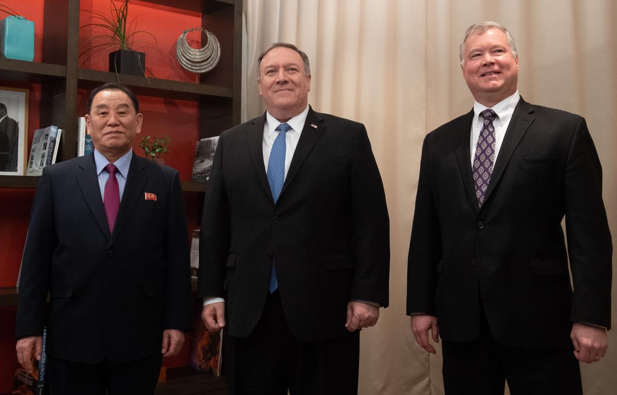 U.S. Secretary of State Mike Pompeo (C) and U.S. Special Representative for North Korea Stephen Biegun (R) stand with North Korean Vice-Chairman Kim Yong-chol prior to a meeting in Washington on Jan. 18, 2019. (SAUL LOEB/AFP/Getty Images)
