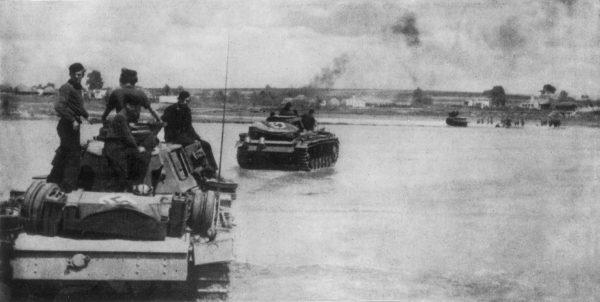 1942: A German panzer division crossing the Don River in Russia during World War II, before advancing on Stalingrad. (Keystone/Getty Images)