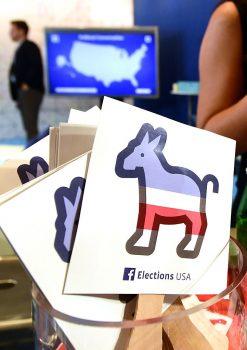 Paddles with the Donkey logo are seen at the Facebook section ahead of the Democratic presidential debate at the Wynn Hotel in Las Vegas, on Oct. 13, 2015. (Frederic Brown/AFP/Getty Images)